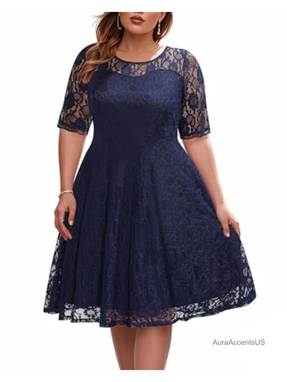Plus Size Lace Midi Cocktail Dress Women Fit Flare Round Neck Half Sleeve